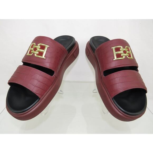 NIB BALLY JYM MAROON CROC PRINT LEATHER B CHAIN GOLD LOGO SANDALS SLIDES 9 D main image 14